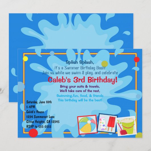 サマー スプラッシュ プール パーティー 誕生日招待状 招待状 (正面/裏面)