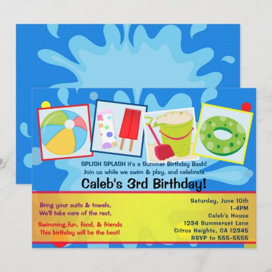 サマー スプラッシュ プール パーティー 誕生日招待状 招待状 (正面/裏面)