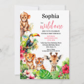 サマー トロピカル ジャングル ハイビスカス ワイルド ワン バースデー 招待状 (正面)