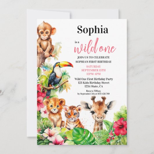 サマー トロピカル ジャングル ハイビスカス ワイルド ワン バースデー 招待状 (正面)