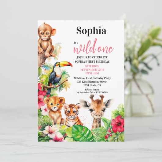 サマー トロピカル ジャングル ハイビスカス ワイルド ワン バースデー 招待状 (スタンド正面)