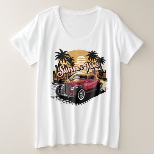 サマー・バイブス・クラシックカー プラスサイズTシャツ (デザイン正面)