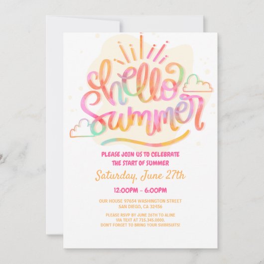 サマー パーティーのお知らせ、学校最後の日、プールパーティー 招待状 (正面)