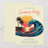 サマー パーティー - サンセット レトロ サーフ ウェーブ 招待状 (正面/裏面)