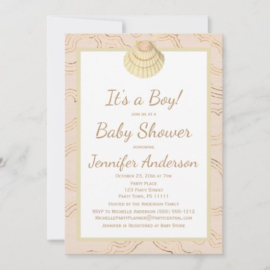 サマー ビーチ シェル ベイビー シャワー ボーイ ガール 招待状 (正面)