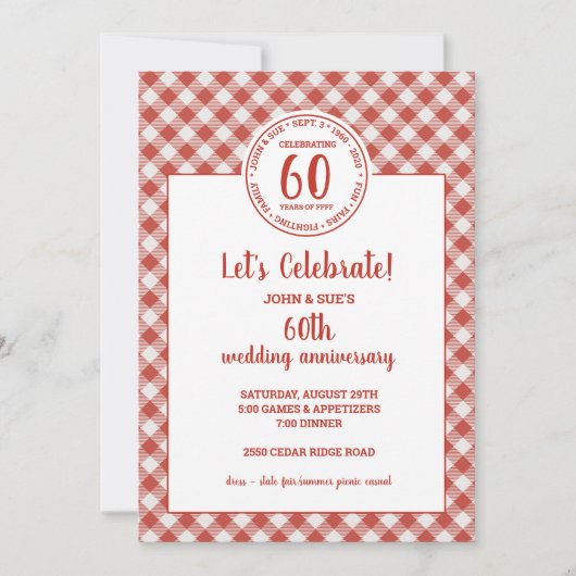 サマー ピクニック レッド チェック パターン パーティー 招待状 (正面)