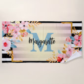 サマー ピンク ウォーターカラー フローラル モノグラムと名前 ビーチタオル (正面)