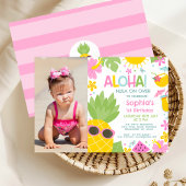 サマー ピンク フォト パイナップル アロハ 1歳 誕生日 招待状