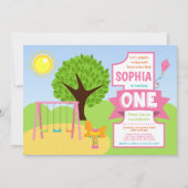 サマー ピンク 遊園地 公園 1歳 誕生日 招待状 (正面)