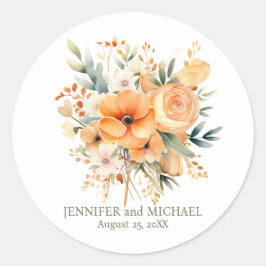 サマー ピーチとグリーンの花のウェディング ラウンドシール