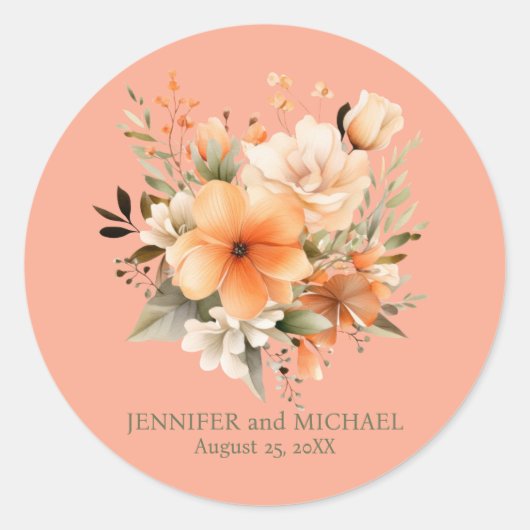 サマー・ピーチ＆グリーン・フラワーズの結婚式 ラウンドシール (正面)