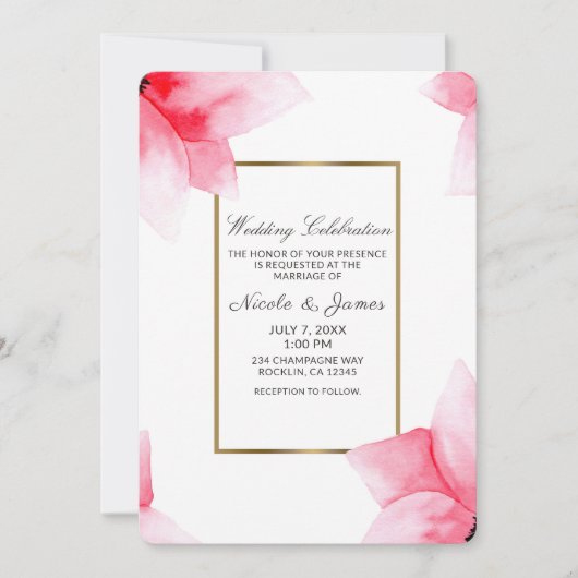 サマー ピーチ コーラル ウォーターカラー フローラル ウェディング 招待状 (正面)