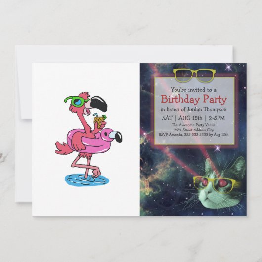 サマー フラミンゴの漫画 | 背景色を選択 招待状 (正面)