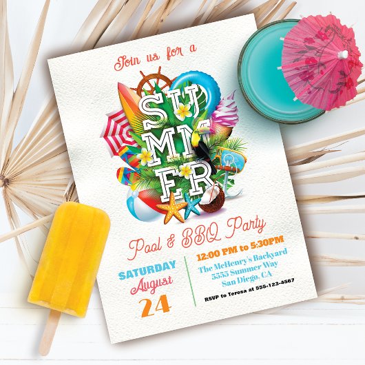 サマー プールと BBQ パーティー 招待状