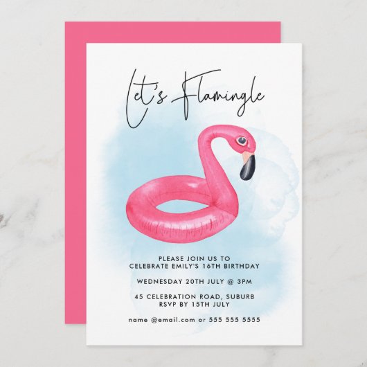 サマー プールパーティー ピンク フラミンゴ ティーン 誕生日 招待状 (正面/裏面)