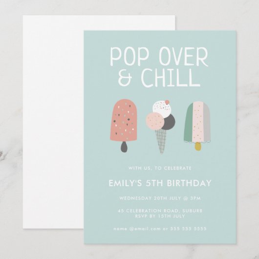 サマー ポップオーバー & チル ポップシクル パーティー 誕生日 招待状 (正面/裏面)