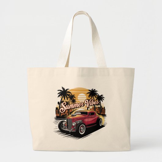 サマー ヴァイブス クラシックカー ラージトートバッグ (正面)