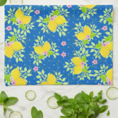 サミリーブルーとイエローレモンの花の模様 キッチンタオル (折り畳み)