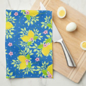 サミリーブルーとイエローレモンの花の模様 キッチンタオル (四つ折り)