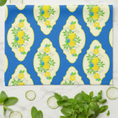 サミリーブルーとイエローレモンの花の模様 キッチンタオル (折り畳み)