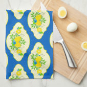サミリーブルーとイエローレモンの花の模様 キッチンタオル (四つ折り)