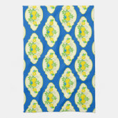 サミリーブルーとイエローレモンの花の模様 キッチンタオル (縦)