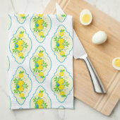 サミリーブルーとイエローレモンの花の模様 キッチンタオル (四つ折り)