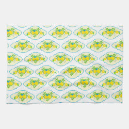 サミリーブルーとイエローレモンの花の模様 キッチンタオル