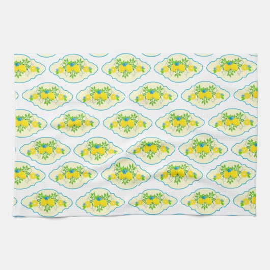 サミリーブルーとイエローレモンの花の模様 キッチンタオル (横)