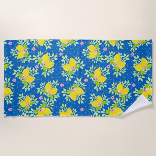 サミリーブルーとイエローレモンの花の模様 ビーチタオル (正面)