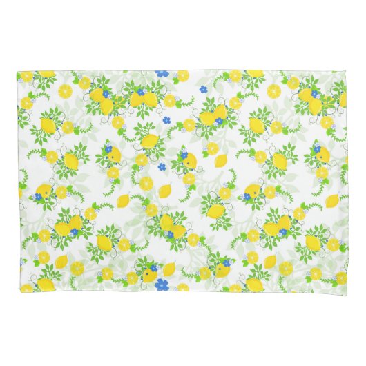 サミリーブルーとイエローレモンの花の模様 枕カバー (正面)