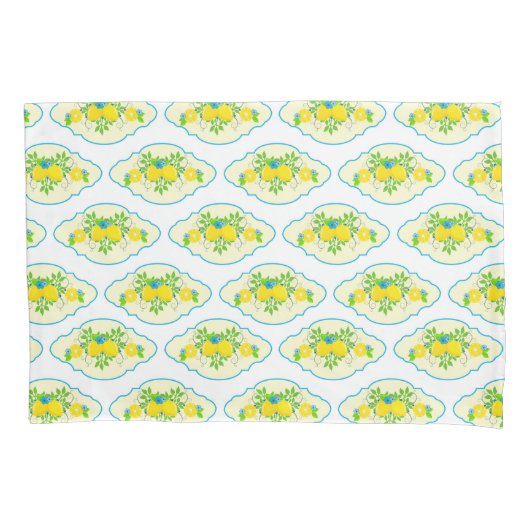 サミリーブルーとイエローレモンの花の模様 枕カバー (正面)