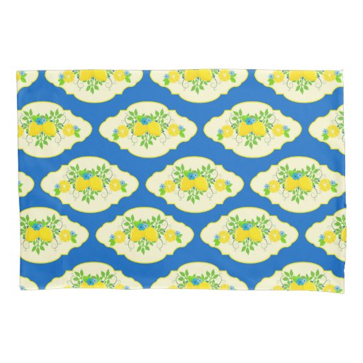 サミリーブルーとイエローレモンの花の模様 枕カバー (正面)