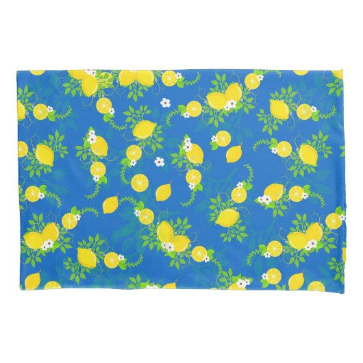 サミリーブルーとイエローレモンの花の模様 枕カバー (正面)