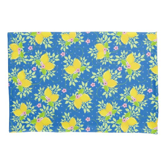 サミリーブルーとイエローレモンの花の模様 枕カバー (正面)