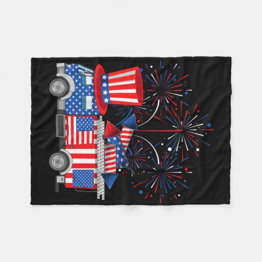 サムおもしろい消防車と花火アメリカ州旗4 フリースブランケット (正面(横))
