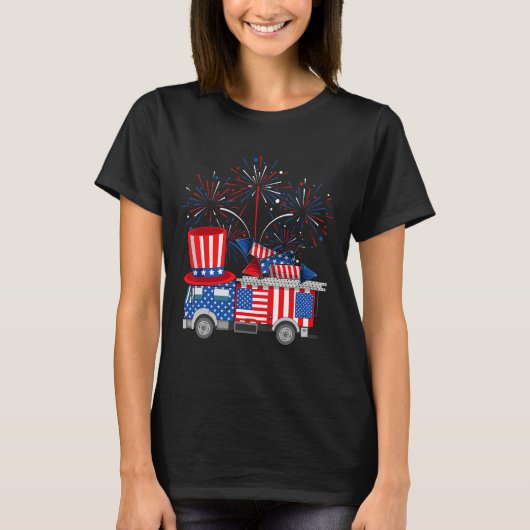 サムおもしろい消防車と花火アメリカ州旗4 Tシャツ (正面)