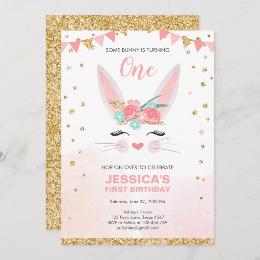 サムバニーイースターフローラピンクガール誕生日 招待状 (正面/裏面)