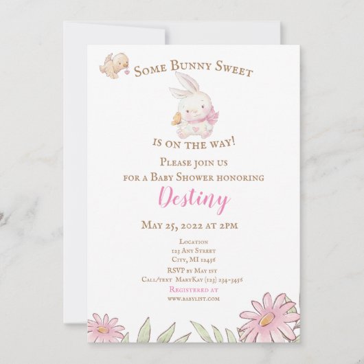 サムバニーピンクベビーシャワー招待状  招待状 (正面)