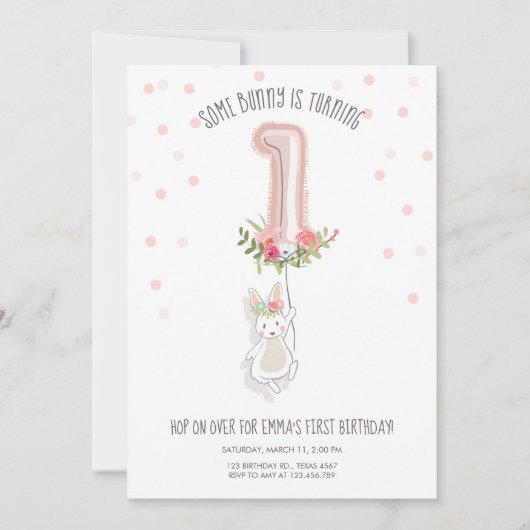 サムバニー誕生日招待状ガールファーストピンク 招待状 (正面)