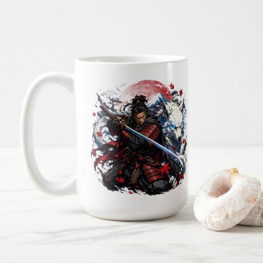 サムライと白狼のマグカップ | 日本の武士ファンタジー コーヒーマグカップ (ドーナツ)