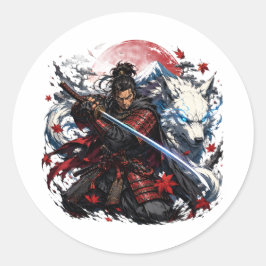 サムライと白狼のマグカップ | 日本の武士ファンタジー ラウンドシール