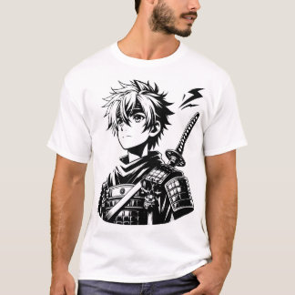 サムライアニメ戦士はっきりした- Black and White Illus Tシャツ