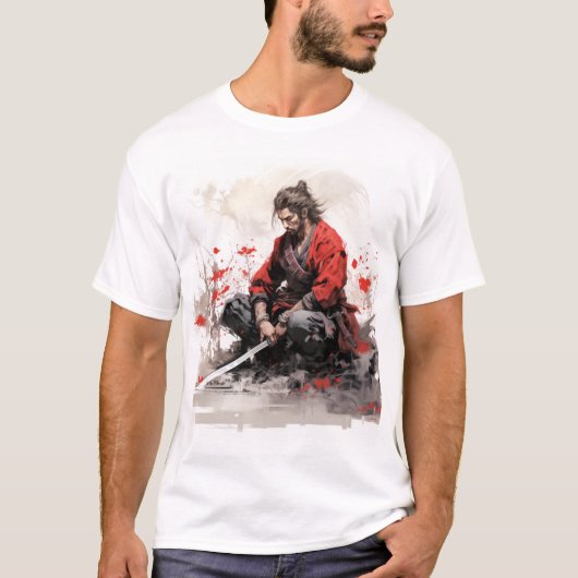 サムライウォリアーTシャツ描で身を屈める Tシャツ (正面)