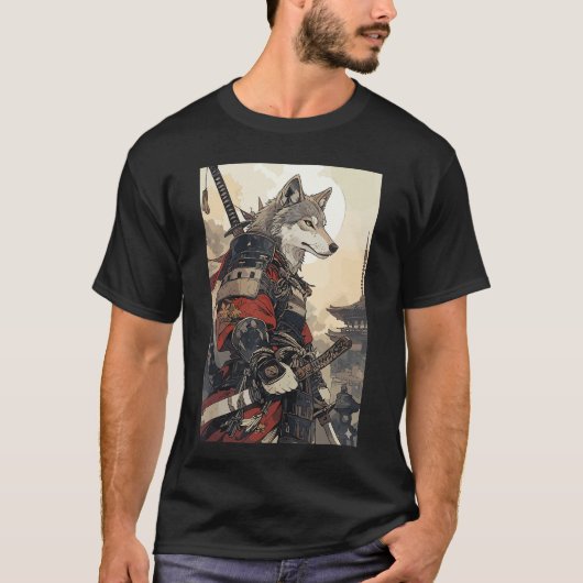 サムライウルフ 女性 男性 ビンテージ 日本 かわいい Tシャツ (正面)