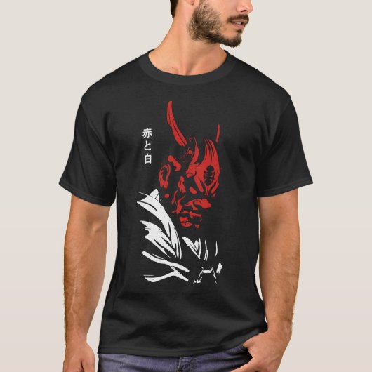 サムライオニマスクアニメ赤白漢字赤と紫 Tシャツ (正面)