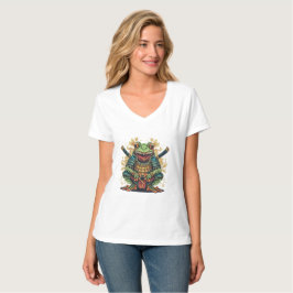 サムライカエル戦士 レディースVネックTシャツ Tシャツ