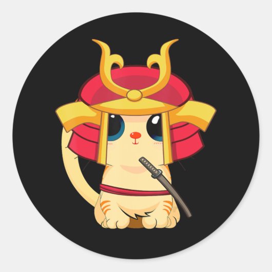 サムライキャットかわいい日本のアニメのコスプレ ラウンドシール (正面)