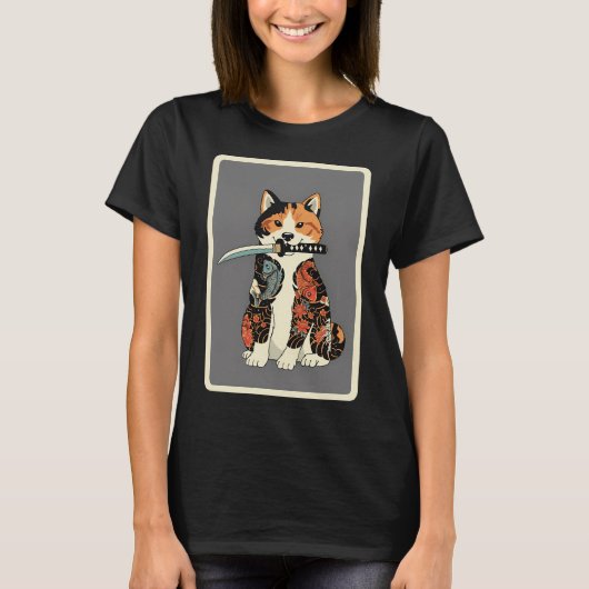 サムライキャットのタトゥーデザイン 和風 Tシャツ (正面)