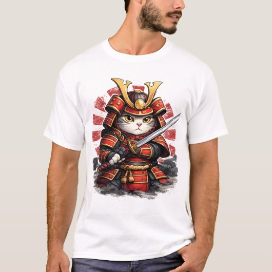サムライキャットの日本人武者アニメデザイン Tシャツ (正面)
